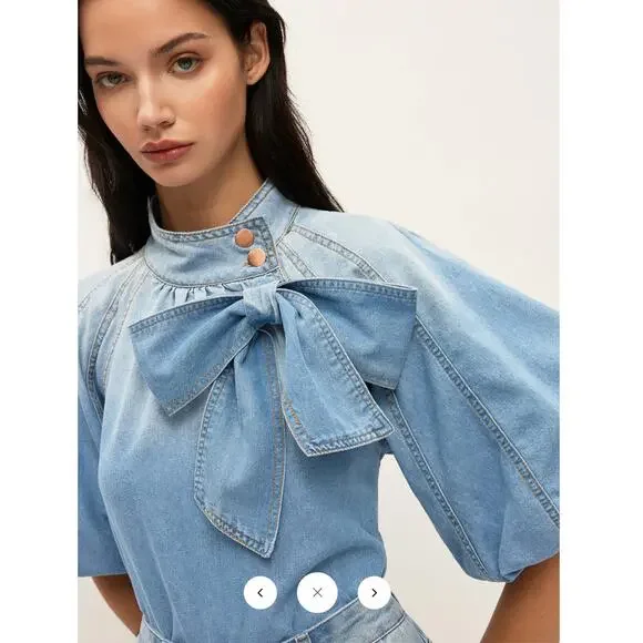 NWT Commense Denim Puff-Sleeve Top With Bow Detail Sz L - Picture 4 of 7